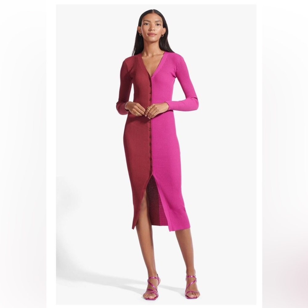STAUD Shoko Colorblock Sweater Dress in Fuchsia /Bordeaux
